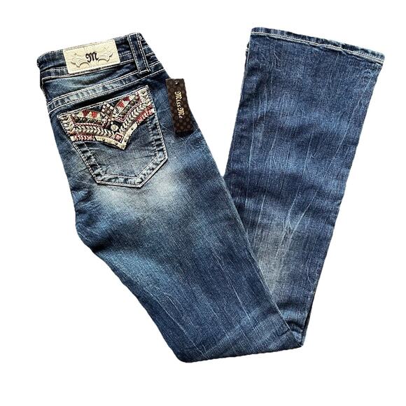 Miss Me Jeans 28x34 Bootcut Western Bling Pocket White Label Med Blue M3039B NWT - Picture 1 of 9